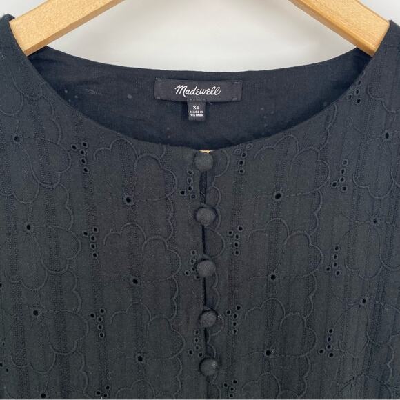 Madewell Dress Black Embroidered Eyelet Button Front Tiered Quiet Luxury XS - Picture 4 of 8